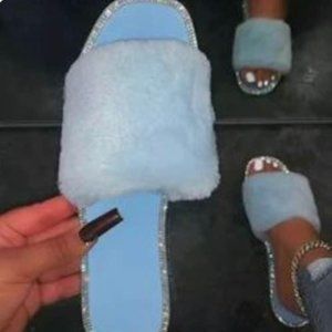 light blue bedazzled fluffy slides